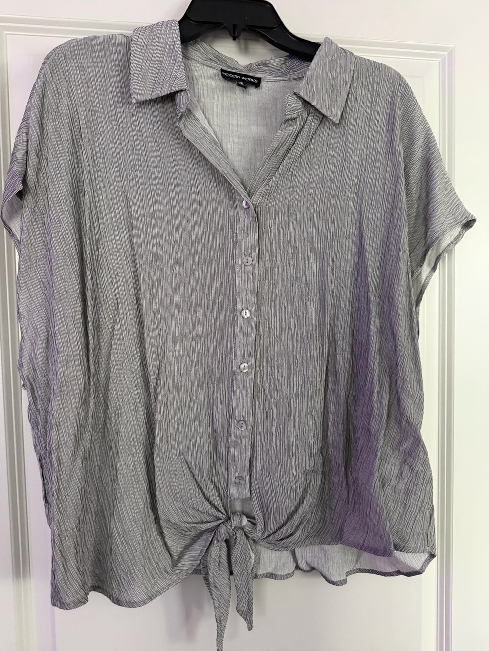 Women's Gray Short-Sleeve Button Front Tie Top and Pants Set